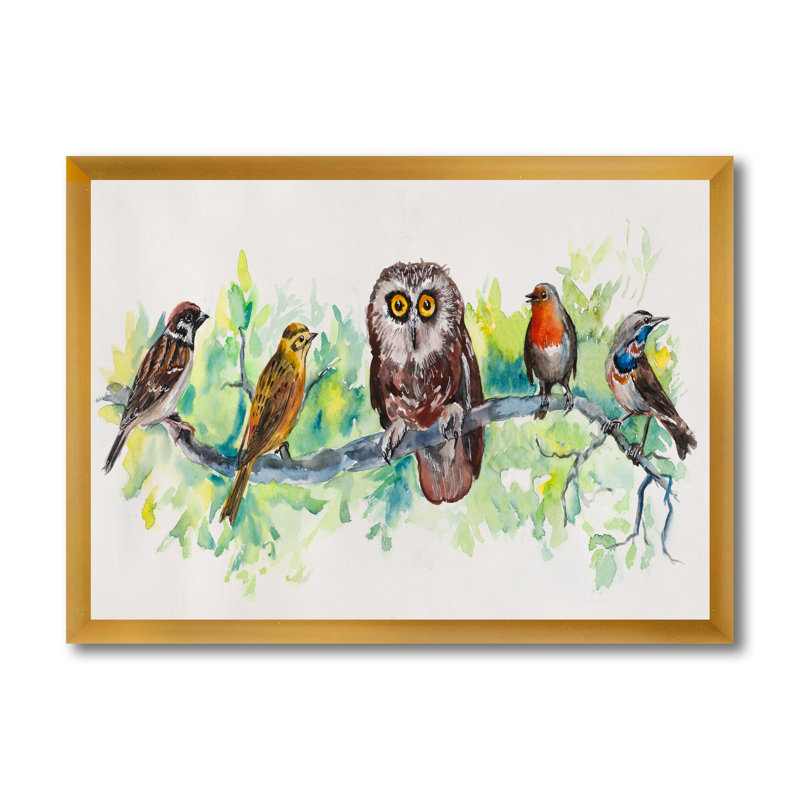 Hibou sur une branche avec des amis oiseaux - Peinture sur toile, H 12 po x l 20 po x P 1,5 po, Toile encadrée d'or