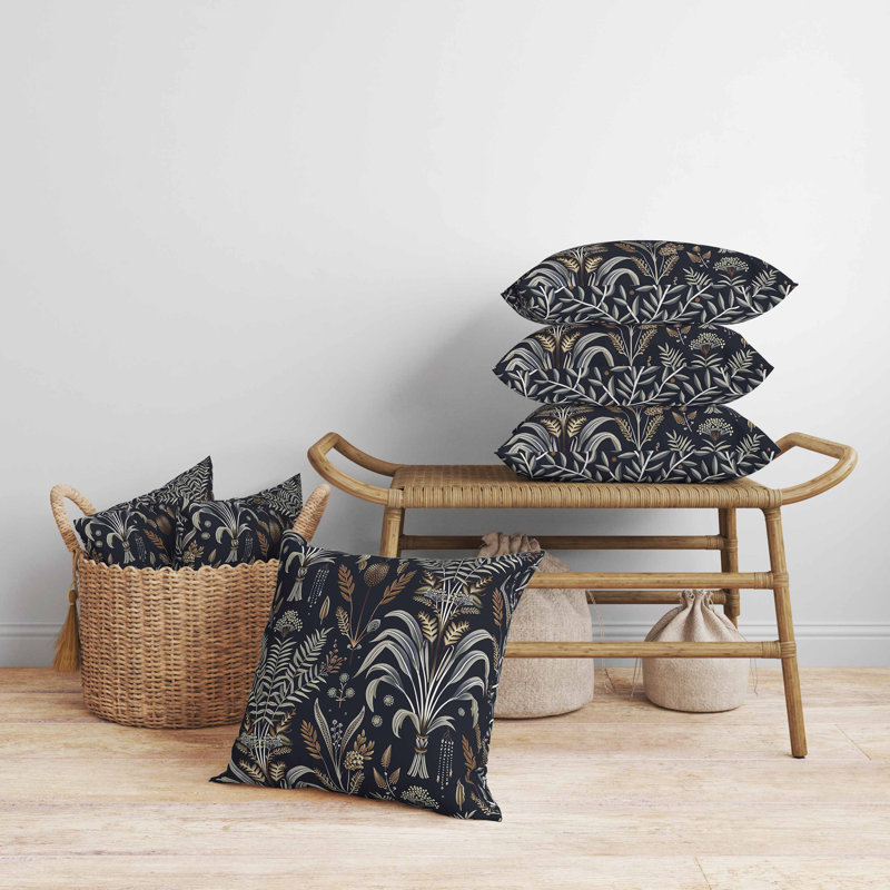 Coussin en suède Indian Dabu Flora, Carré 20 po, Bleu / doré