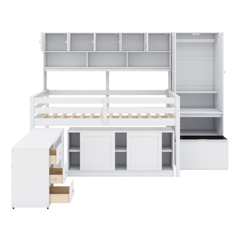 Jazhari Multifunctional Loft Bed with Stair, Desk, Cabinet and Wardrobe, Full, White