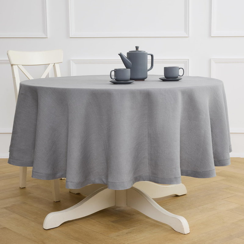 Sonoma Hemstitch - 100% Pure Linen Round Tablecloth (Prewashed), 70" Round, Gray