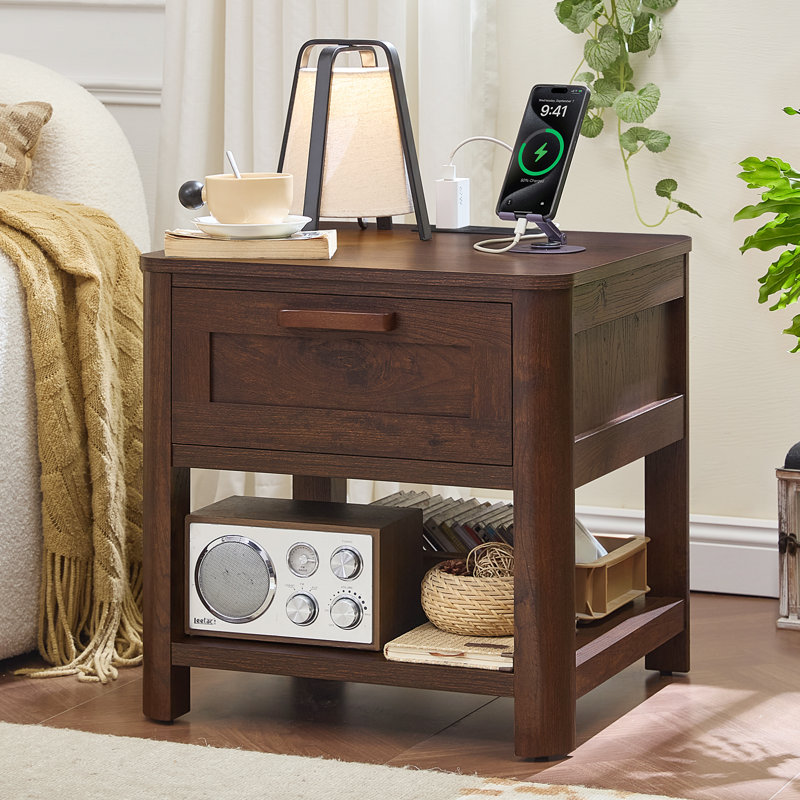 Farmhouse End Table With Charging Station,19.7" Nightstand With Drawer,Night Stand With Open Storage Shelf,Rustic Wood Bed Sofa Side Table Dresser For Bedroom, Living Room, Closet