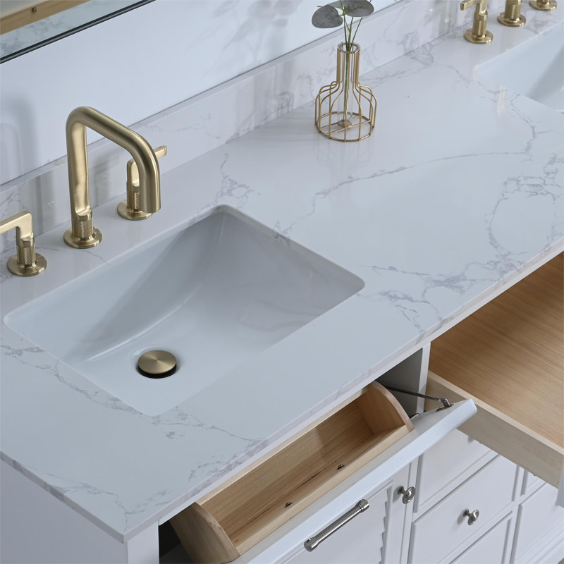 Plateau de meuble-lavabo double 61 po en pierre reconstituée avec lavabo 61 po