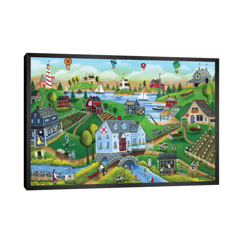 Village By The Sea With Hot Air Ballons by Cheryl Bartley - Print on Canvas, 152.5 cm H x 101.5 cm W, Black Framed