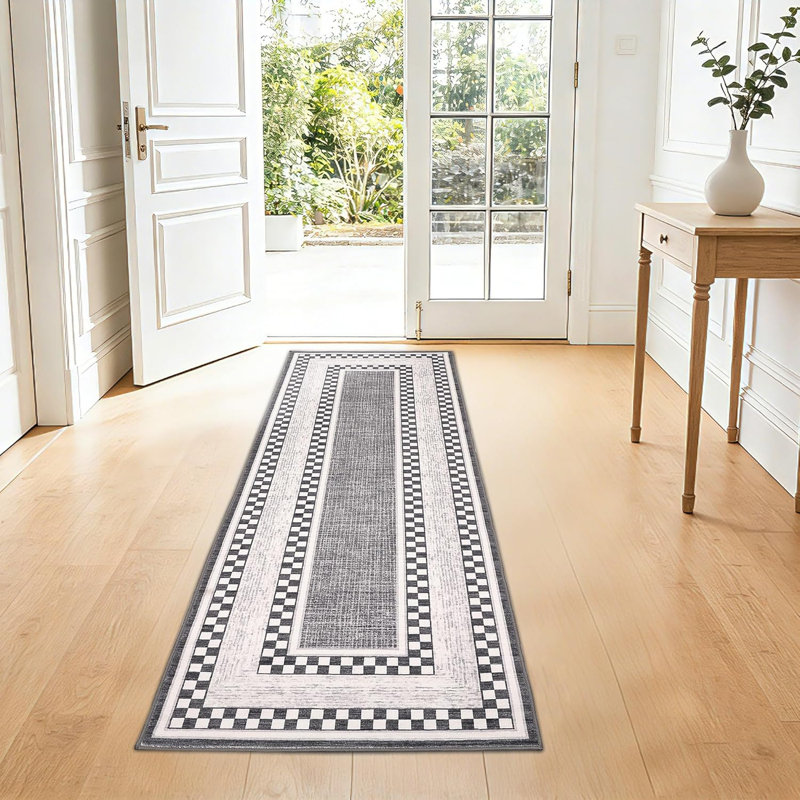 2x6 Checkered Runner Rug, Washable Non Slip Low Pile Rug for Bedroom Living Room, Grey, Runner 2' x 6', Gray