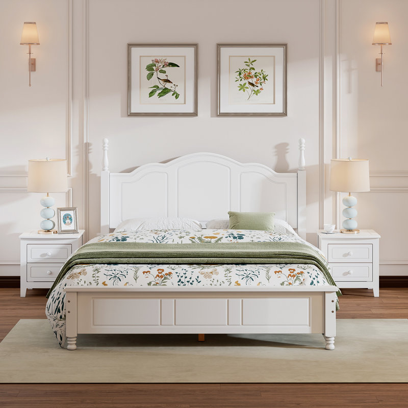 Queen Size Wood Platform Bed With 2 Nightstands – Solid Pine Bedroom Set, No Box Spring Needed-White, White
