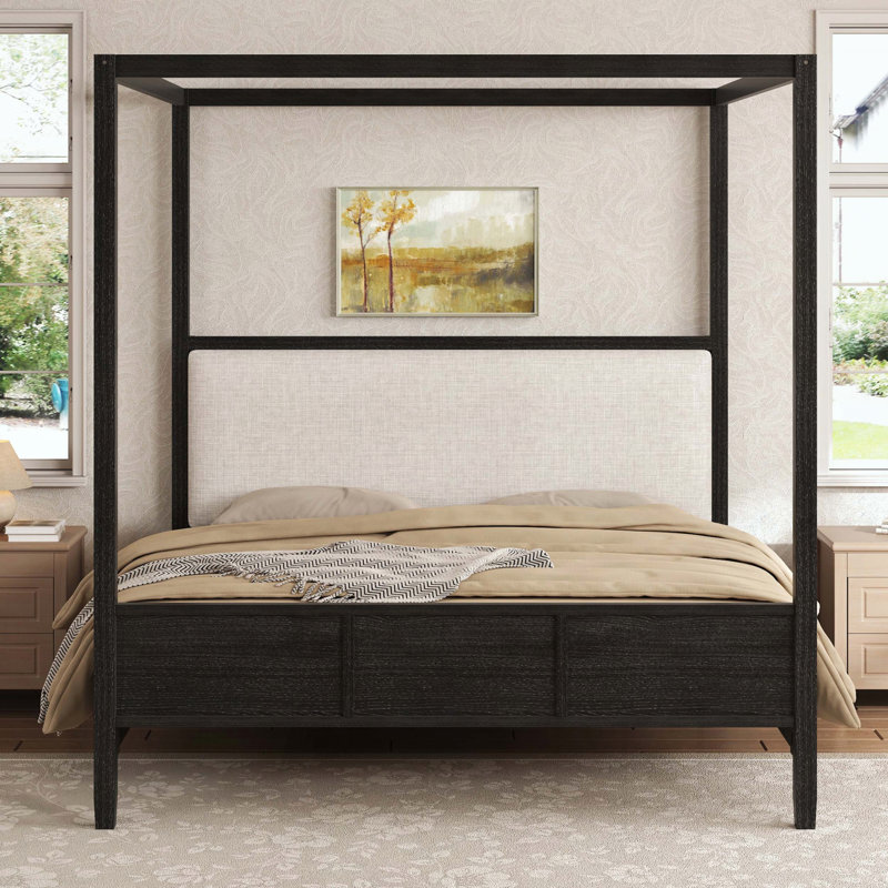 Grand lit plateforme à baldaquin en bois avec tête de lit tapissier, Noir, Grand lit