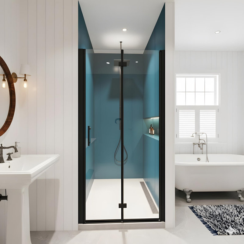 32"x72"Universal Pivot Tempered Glass Shower Door, Matte Black