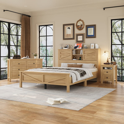 Ensemble de chambre à coucher 3 pièces avec lit plateforme grande ferme avec tête de lit double à porte coulissante, station de charge, table de chevet et commode