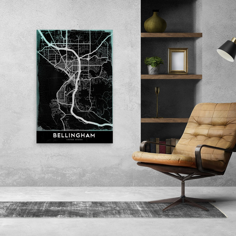 «Bellingham Dark Map Contemporary City», reproduction d'art murale, H 48 po x l 32 po