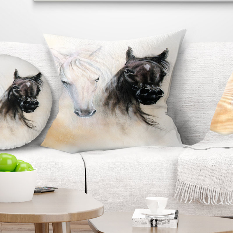 Têtes de cheval noires et blanches - Coussin imprimé animal, 16 po x 1 po, Coussin décoratif