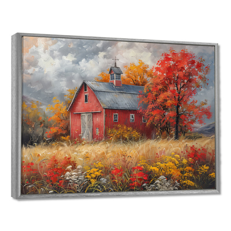 Automne rouge grange brise I - impressions encadrées de grange, Toile argentée avec cadre flottant
