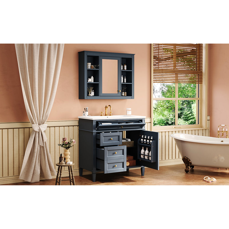 Meuble-lavabo moderne de 36 po avec lavabo et miroir, forme rectangulaire bleue, portes à fermeture douce, idéal pour meuble-lavabo simple, couleur, tiroirs