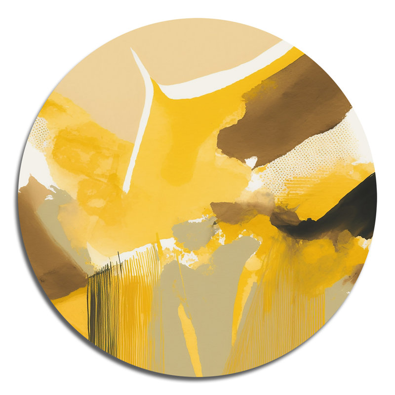 Moutarde jaune rétro I - Art abstrait rond en métal, H 36 po x l 36 po