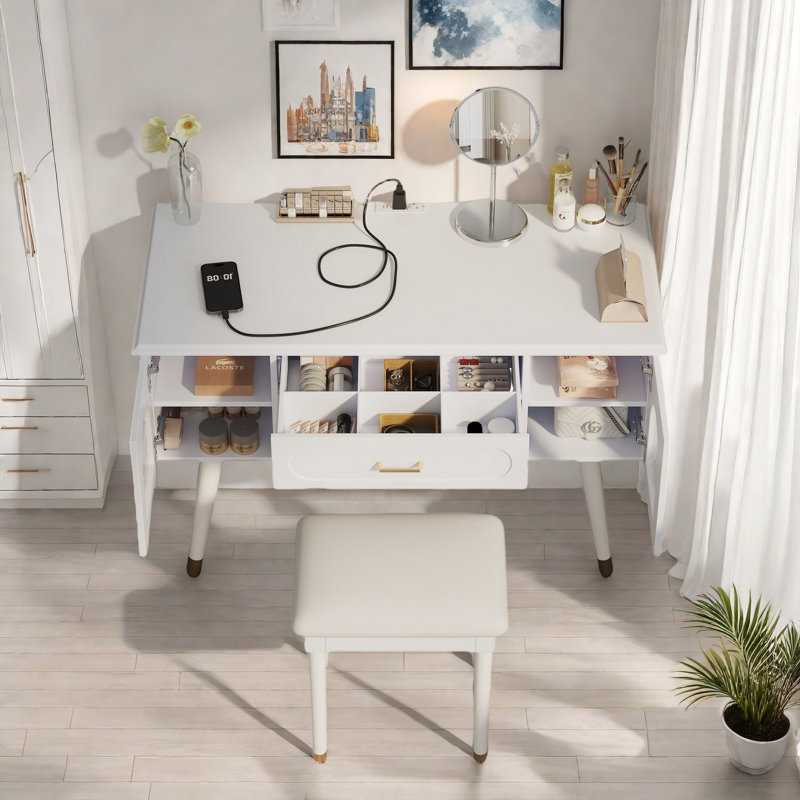 Vanity Makeup Table Chair Set, Modern Dressing Desk, Organizer, Charging Port, White