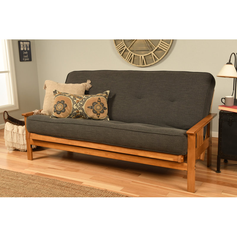 Johnte Full-Size Futon Frame and Full-Size Innerspring Mattress, À ressorts, Lin anthracite, Noyer cendré