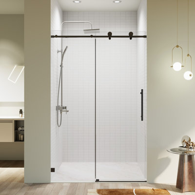 Portes de douche coulissantes simples sans cadre l 46 à 48 po x H 76 po, porte de douche coulissante pour salle de bain, porte en verre trempé épais de 5/16 po (8 mm), noir mat