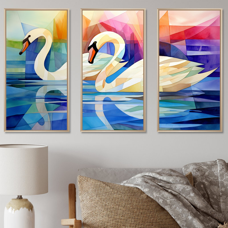 Cubique cygne, sonate, mélodie - ensemble d'art mural animaux cygnes, Cadre naturel flottant, H 32 po x l 48 po