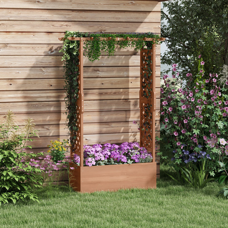 Jardinière surélevée avec système de suspension, bac à fleurs extérieur en bois de 179,7 cm de haut, drainage et filtre en tissu, treillis brun pour plantes grimpantes fleuries.