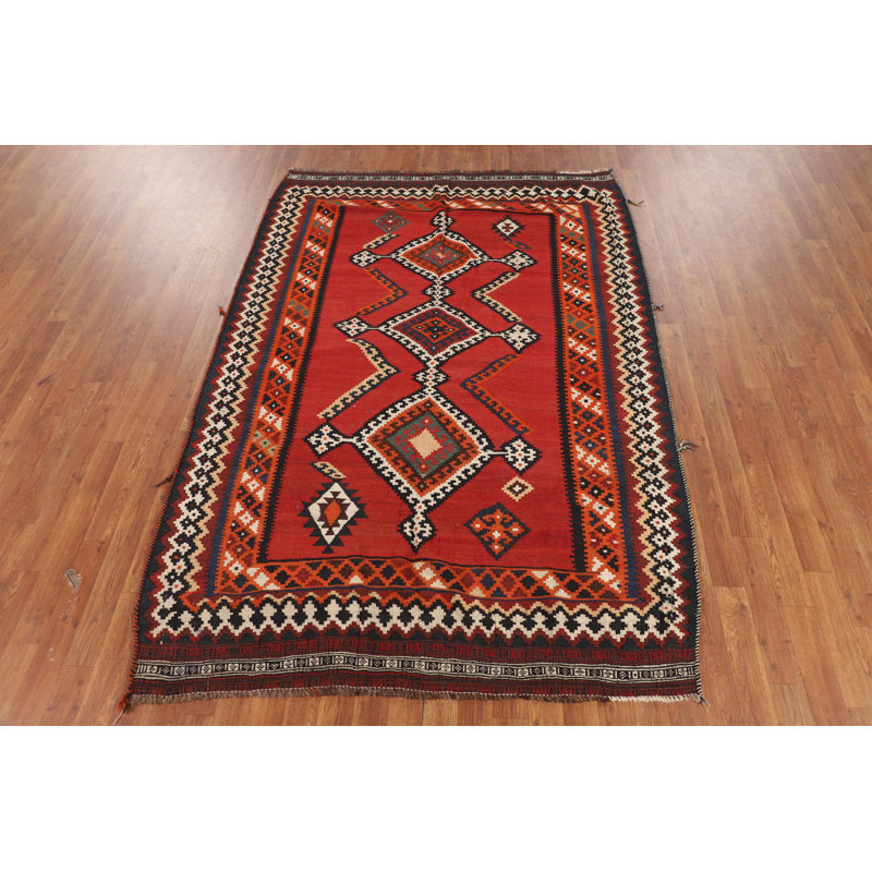Tapis kilim en laine à tissage plat rouge 5 x 8