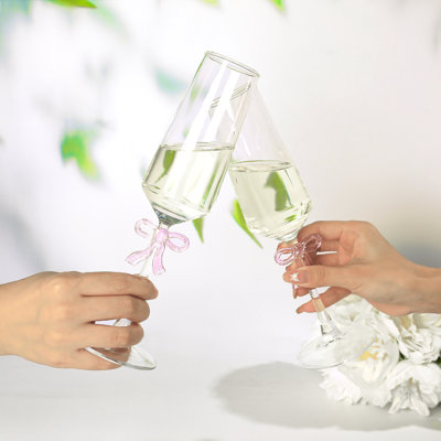 Ensemble de 2 verres à champagne 8 oz avec tiges renforcées et nœud rose romantique