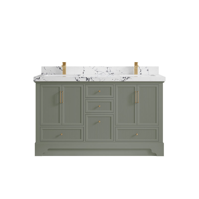 Meuble-lavabo double autoportant 60 po avec plateau en quartz Alys (option boutons)