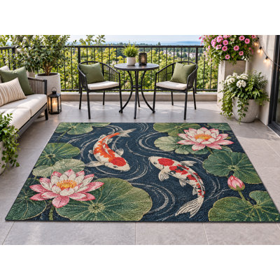 5' x 7' Outdoor Area Rug Koi Fish Lotus Pond Heavyweight Solid Waterproof PVC Coil Loop Carpet, Heavy Duty Patio Rug, Quick Dry Indoor Outdoor Mat for Porch Deck Balcony Entryway RV Camping