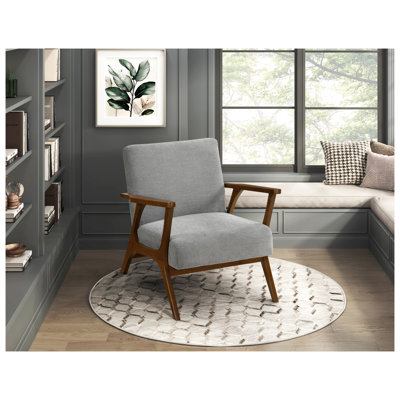Fauteuil d'appoint contemporain avec structure en bois d'hévéa massif, revêtement en chenille gris, finition châtaignier