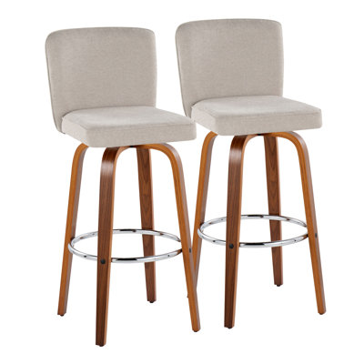 30" Contemporary Fixed-Height Barstool With Swivel In Walnut Wood And Beige Fabric With Round Chrome Footrest By  - Set Of 2