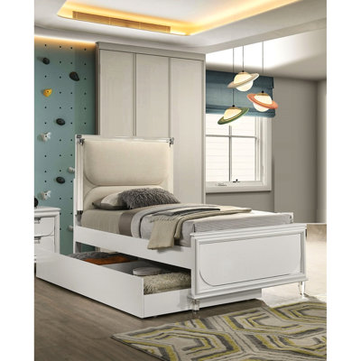 Lit perle blanc contemporain avec lit gigogne, tête de lit à DEL et panneau de lit additionnel à la mode, panneaux de lit gigogne pour installation
