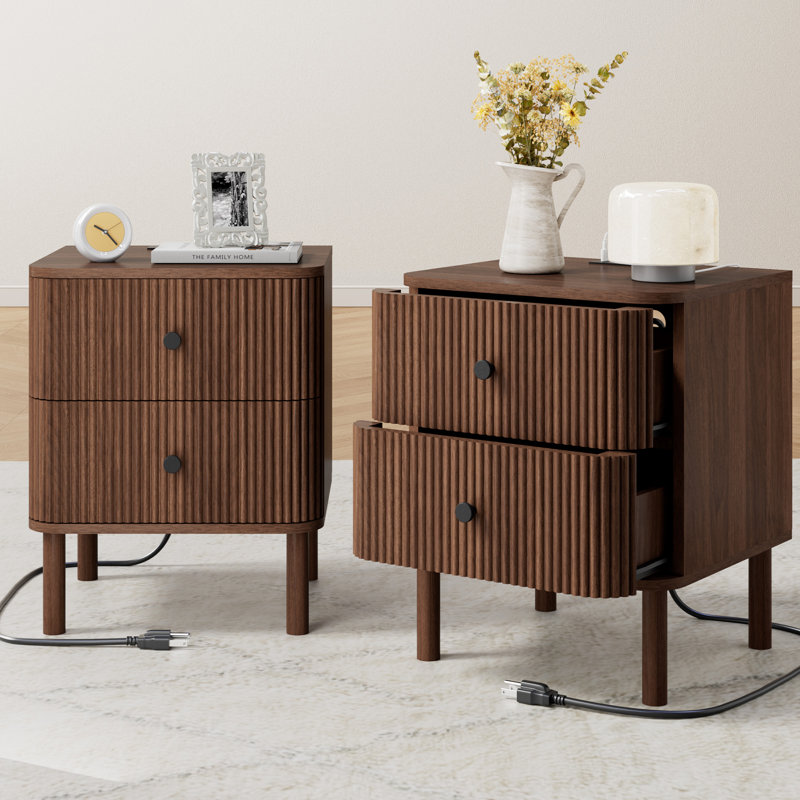 Ensemble de 2 tables de chevet cannelées 18 tiroirs 18 "avec prise de charge et pieds en bois massif, table de bout avec rangement, table de chevet moderne de style Mid-Century pour la chambre à coucher