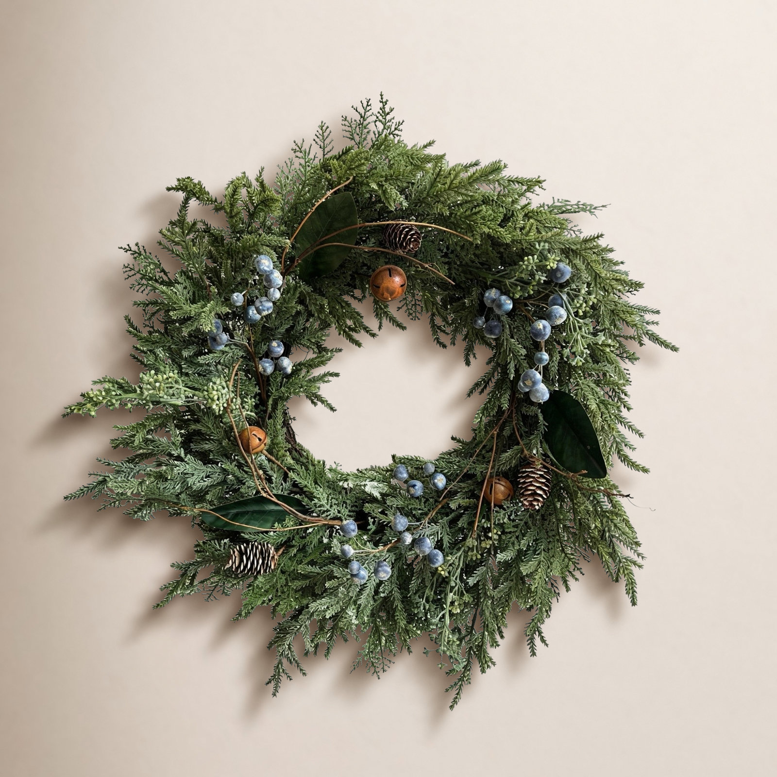 24" Real Touch Artificial Farmhouse Greenery Pine Pinecones Blueberries Brass Bells Front Door Wreath Winter Christmas Decor