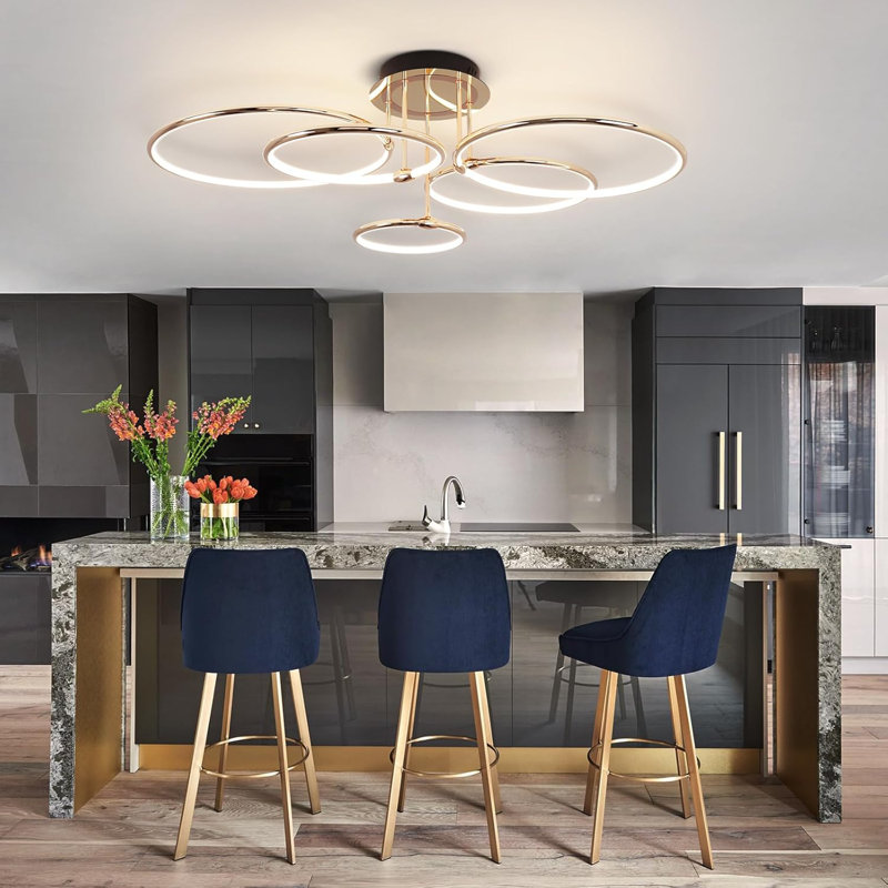 Modern Ceiling Light Fixture,Gold Dimmable Led Ceiling Light With Remote Control For Living Room,5 Rings Flush Mount Ceiling Lamp For Living Room Bedroom Kitchen Lighting Fixtures Ceiling