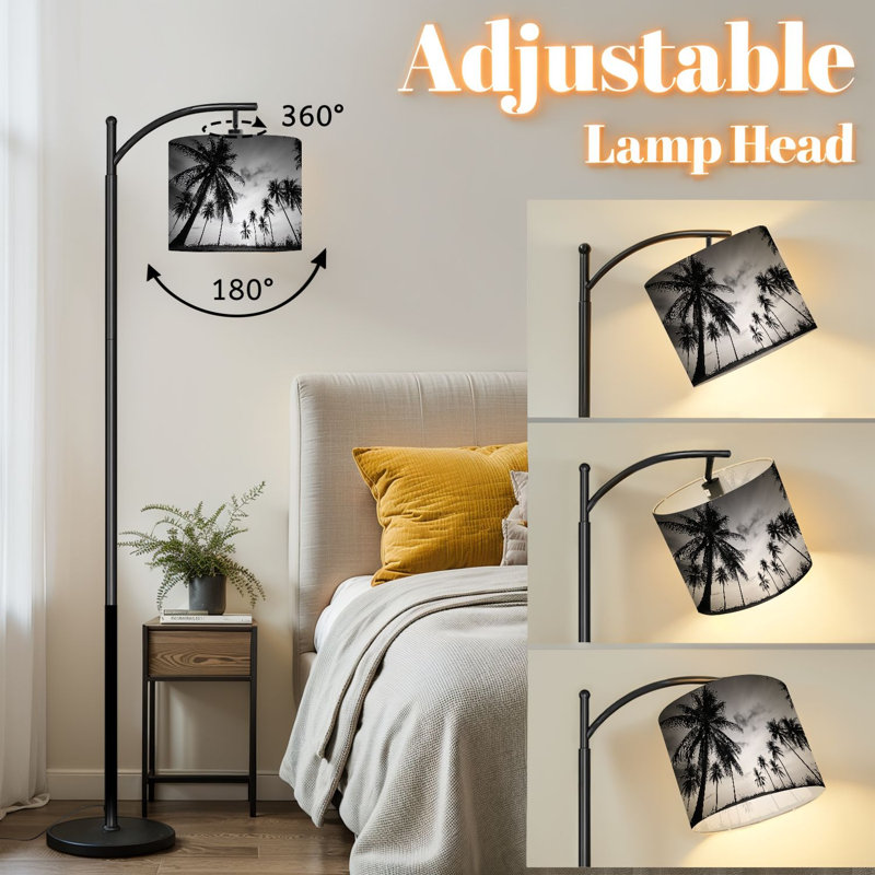 Lampe sur pied à arc avec abat-jour ajustable Lampe sur pied avec palmiers photo noir et blanc 3 températures de couleur Lampe à mât haut avec interrupteur au pied pour la chambre à coucher