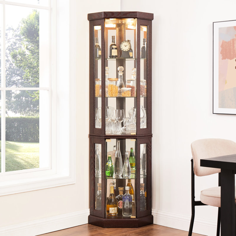 Vitrine de salon en cerisier foncé - Vitrine d'angle en verre avec tablettes réglables et portes intégrées incluses