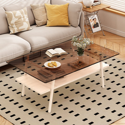 Mariabella 3-Piece Living Room Table Set with Glass Top, Metal Legs & 2-Tier Storage Shelves, Includes 1 Coffee Table & 2 Side Tables by Wrought Studio