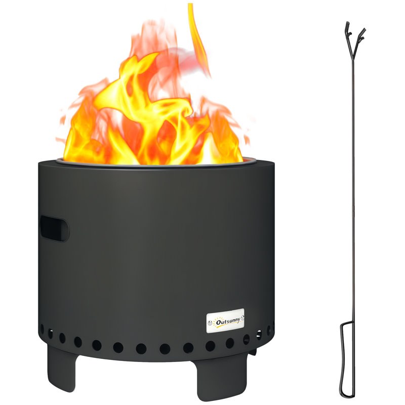 Round Wood Burning Fire Pit, Smokeless Steel Fire Pit with Poker Grey