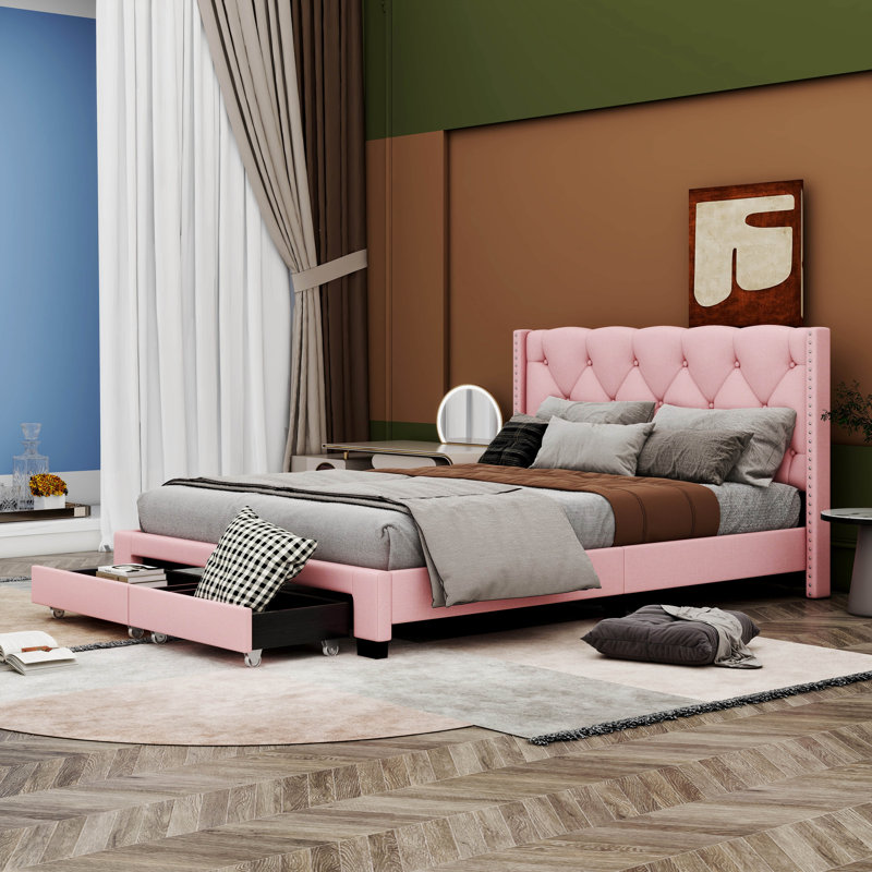 Lit plateforme tapissier Blasford, Rose