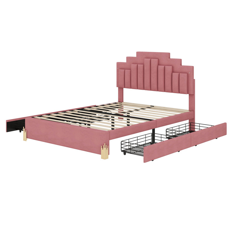 Lit plateforme tapissier avec lumières DEL et 4 tiroirs, pieds de lit irréguliers en métal, Double, Rose