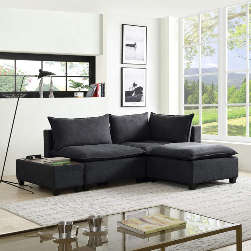 Latitude Run® Dark Grey Fabric Sectional Loveseat Ottoman with USB Storage Console Table, Dark Grey Chenille