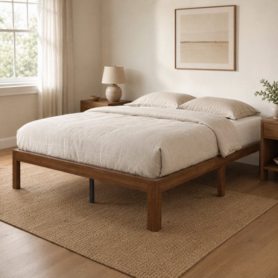 14-inch Natural Wood Platform Bed Frame, Full Size, Walnut‑Tone Eco‑Friendly Carbonized Bamboo Frame, Modern Minimalist Mattress Base