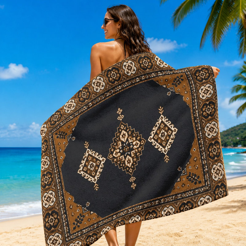 1 pièce de serviette de plage Boho rétro, avec des motifs géométriques complexes en brun, crème et gris avec une bordure détaillée. Grande microfibre, parfaite pour le pique-nique, les voyages, le camping et le unisexe.