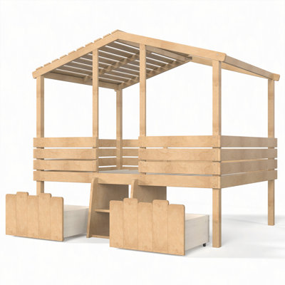 House Loft Bed with Cute Stairs and 2 Big Storage Drawers, Low Loft Bed with House Shaped Roof, Childlike and No Box Spring Needed Design, Farmhouse Style