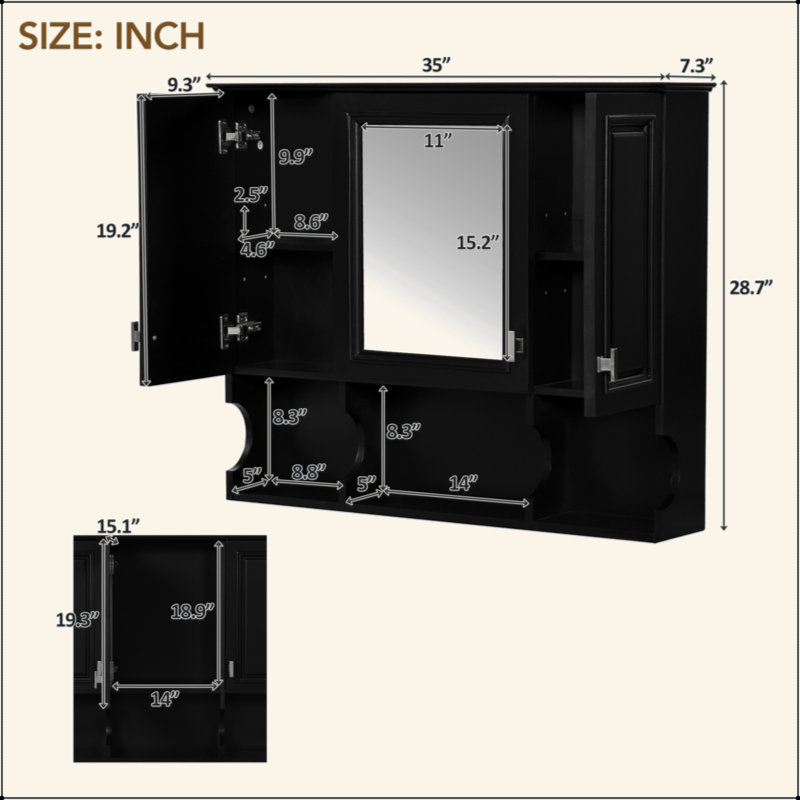 Armoire à pharmacie murale 35 po x 28 po, armoire de salle de bain moderne avec miroir, armoire à miroir avec tablettes ouvertes