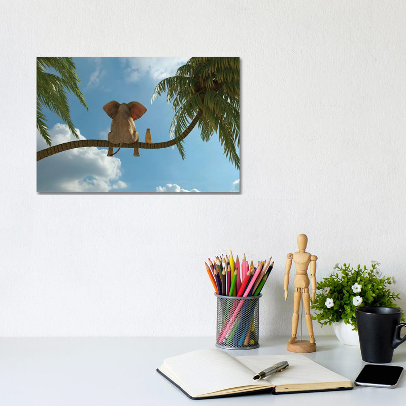 Elephant And Dog Sit On A Palm Tree by Mike Kiev - Print on Canvas, Wrapped Canvas, 20.32 cm H x 30.48 cm W