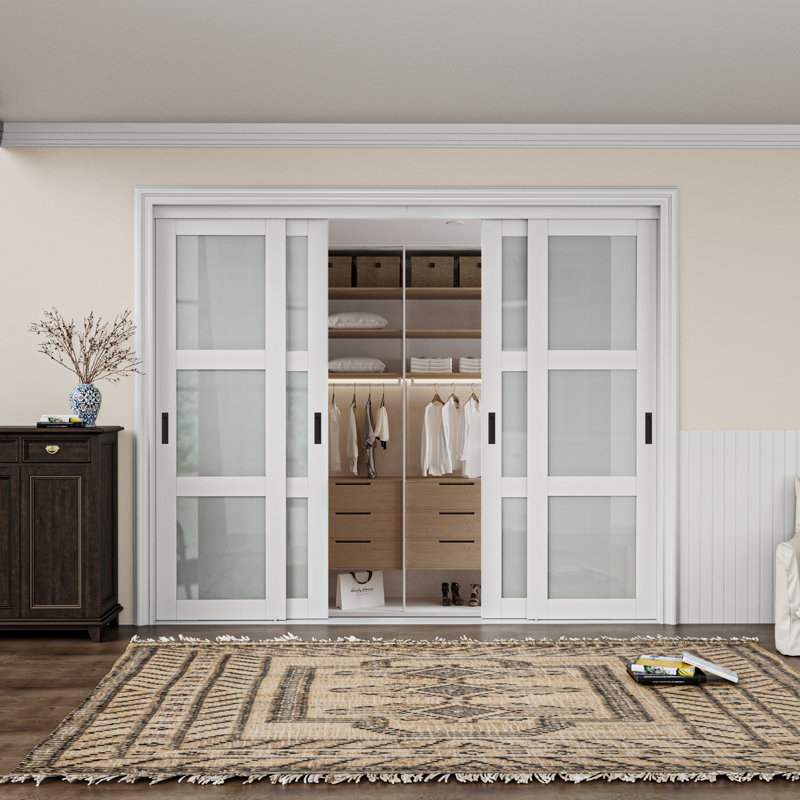 80"H 4-Panels Full-Assembled Tempered Glass Closet Sliding Doors With Hardware Kit & Handles(No Assembly Required), 96" x 80"