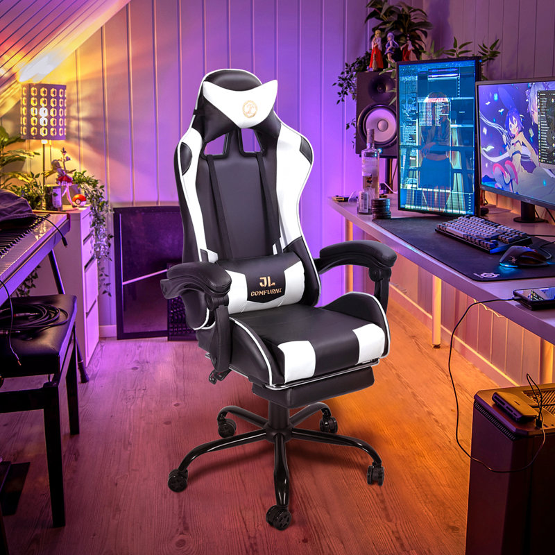 Footrest Gaming Chair with Lumbar Pillow Massage Function, White/Black