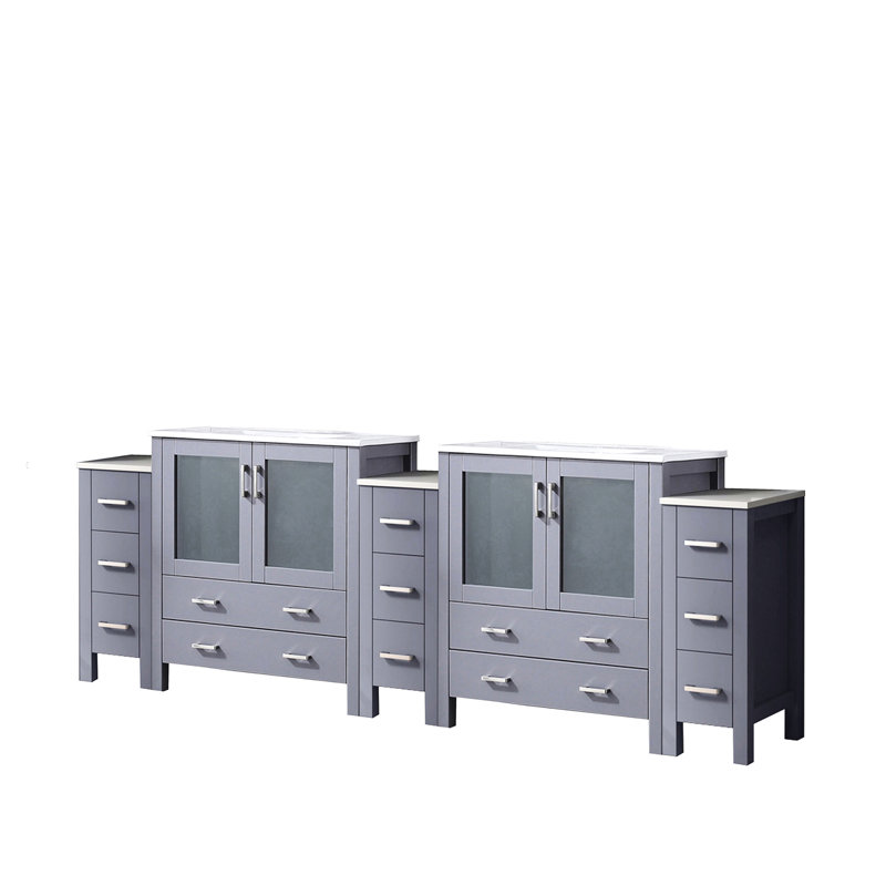 Meuble-lavabo double gris foncé mesurant 96 po X P 18,25, avec armoires latérales, comptoir en céramique blanche, structure en bois massif, fonction de fermeture en douceur, deux armoires et treize tiroirs pour