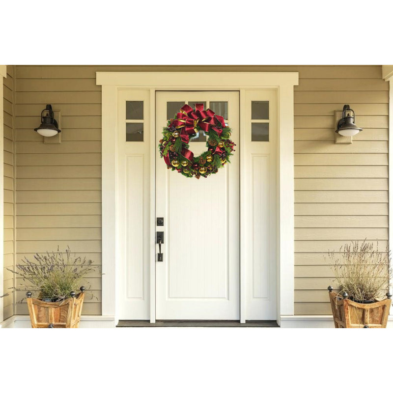 Burgundy and Gold Ribbon Evergreen Holiday Wreath