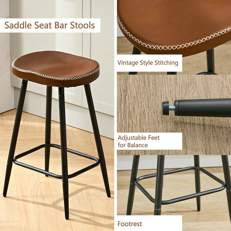 Adjustable Brown Faux Leather Saddle Bar Stools with Metal Legs