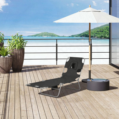 Folding Beach Lounge Chair with Face Hole, 5-Level Adjustable Backrest, and Storage Pocket